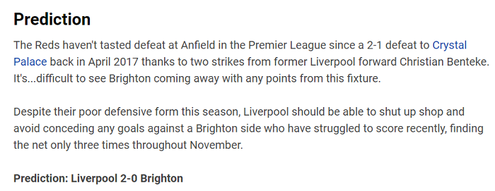 Dự đoán Liverpool vs Brighton (22h 30/11) bởi chuyên gia Charlie Adey