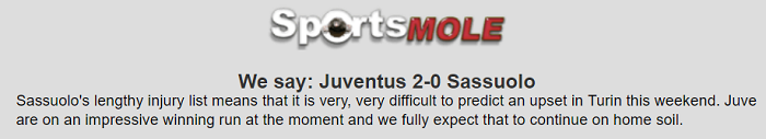 Dự đoán Juventus vs Sassuolo (18h30 1/12) bởi Sports Mole
