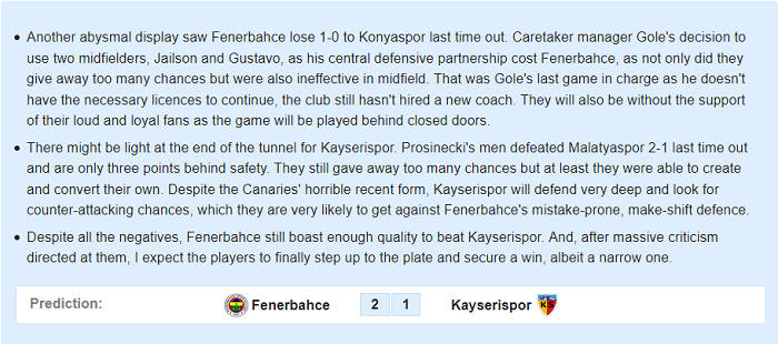 Dự đoán Fenerbahce vs Kayserispor (0h 21/3) bởi Whoscored