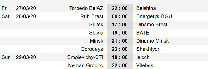 Lịch thi đấu vòng 2 giải VĐQG Belarus (Belarusian Premier League) 2020